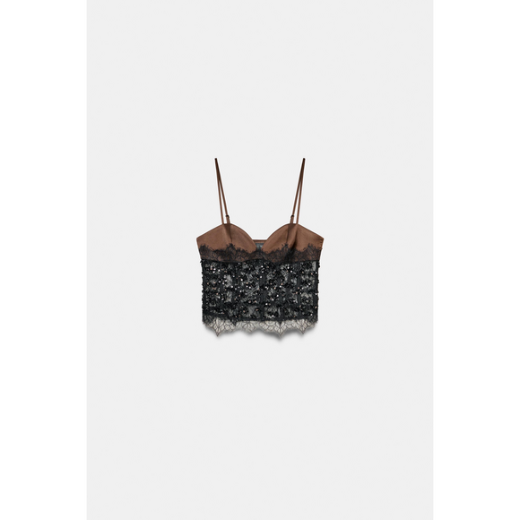 Zara COMBINED SEQUIN CORSET TOP in Brown - Picture 2 of 6
